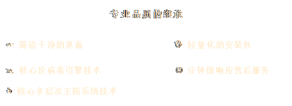 文本框: 專業(yè)品質(zhì)的繼承
&, #1;, 3;, &#, 10;, ;F,  簡潔干凈的界面                I 輕量化的安裝包

@ 核心反病毒引擎技術(shù)               J 分鐘級響應(yīng)售后服務(wù)

C 核心多層次主防系統(tǒng)技術(shù)
