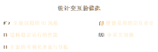 文本框: 設(shè)計交互的優(yōu)化

1 全新沉穩(wěn)的UI風(fēng)格              4 便捷易用的交互設(shè)計 

2 流暢穩(wěn)定運行的性能              & 中英文切換 

3 豐富的可視化界面與導(dǎo)航
